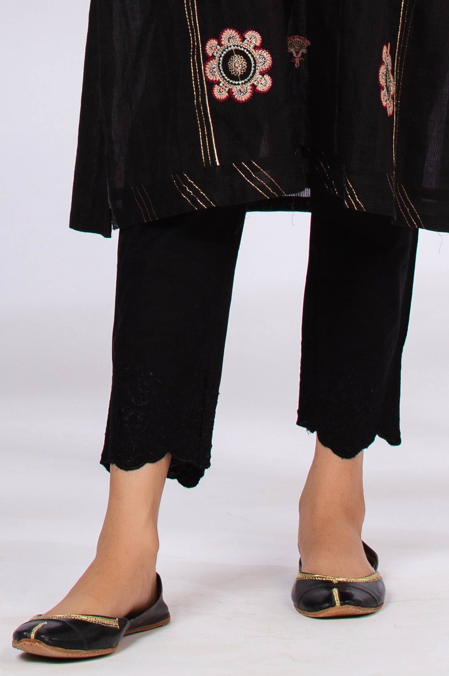 Embroidered Cambric Cigarette Pants  - Black