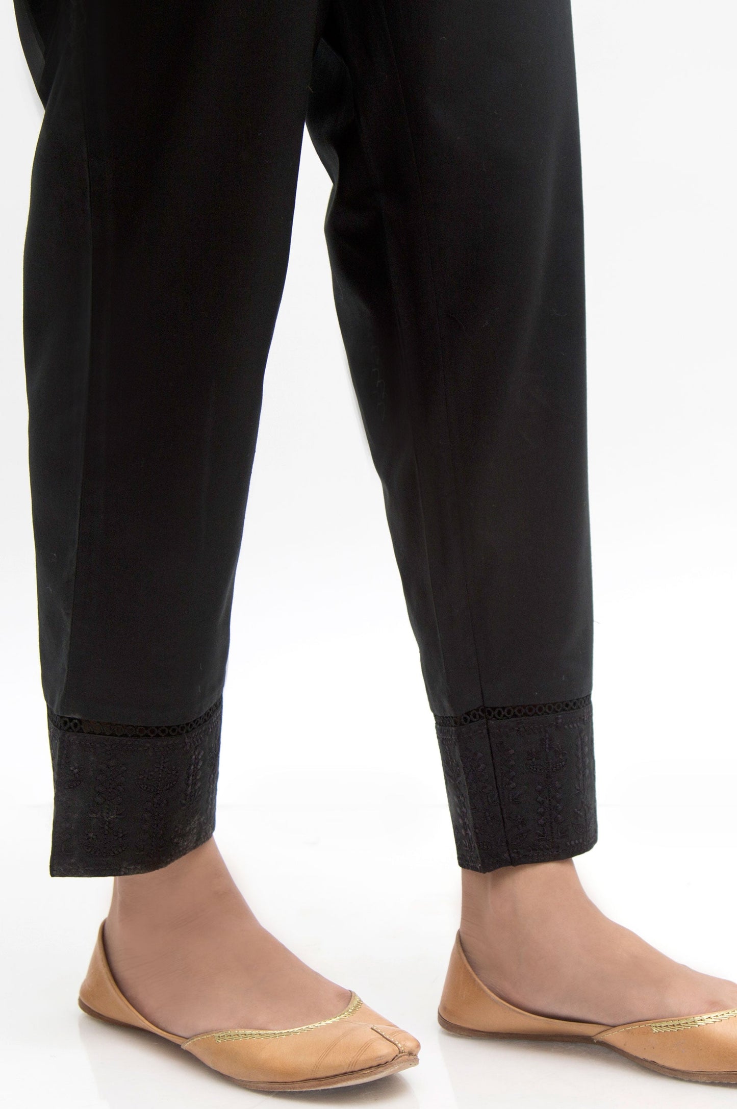 Embroidered Cambric Cigarette Pants  - Black