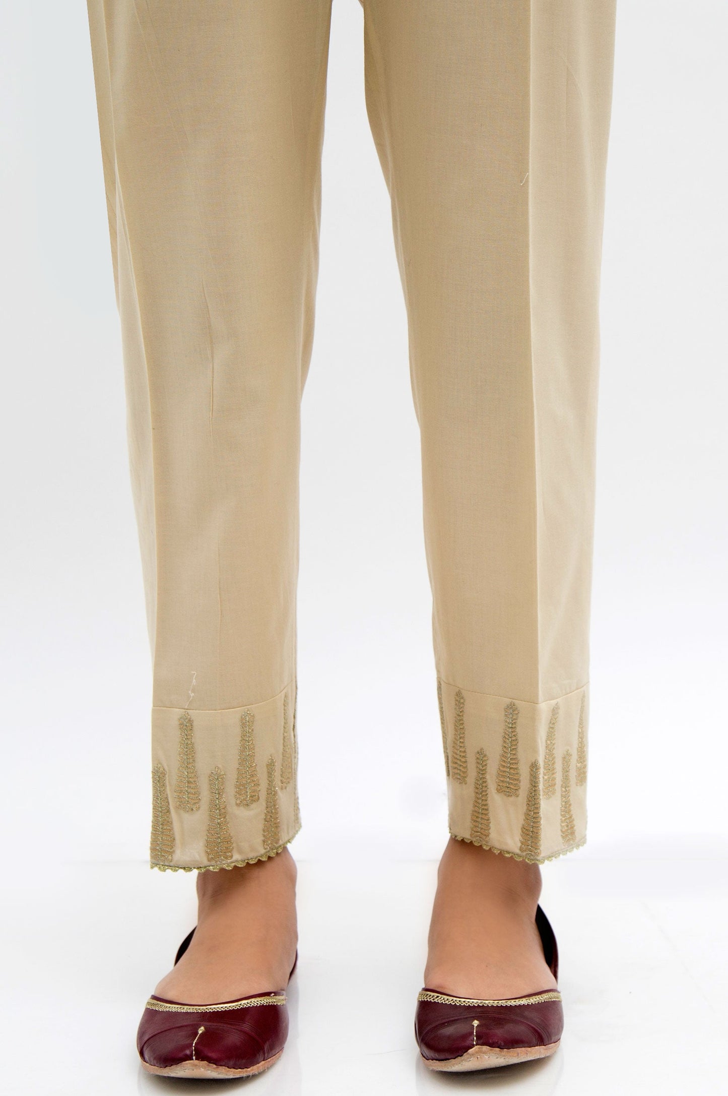 Embroidered Cambric Cigarette Pants  - Beige