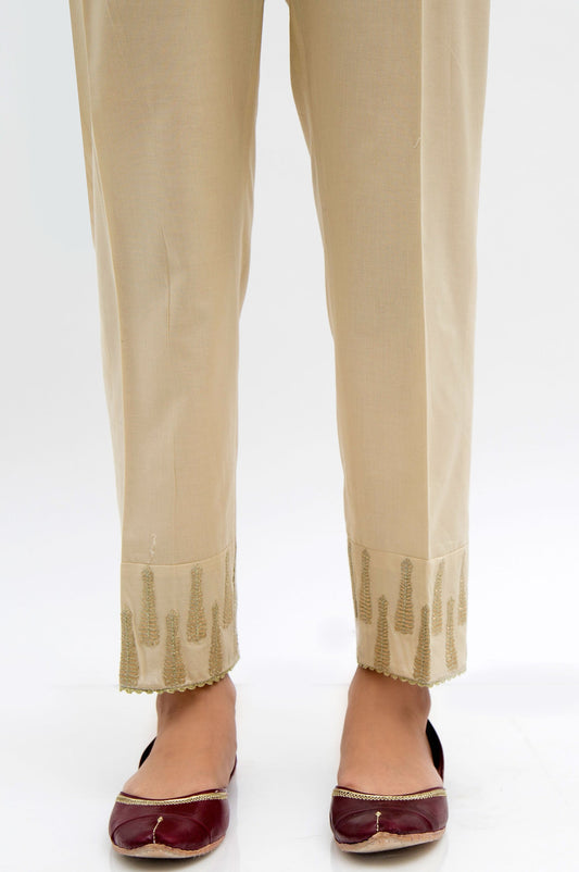 Embroidered Cambric Cigarette Pants  - Beige
