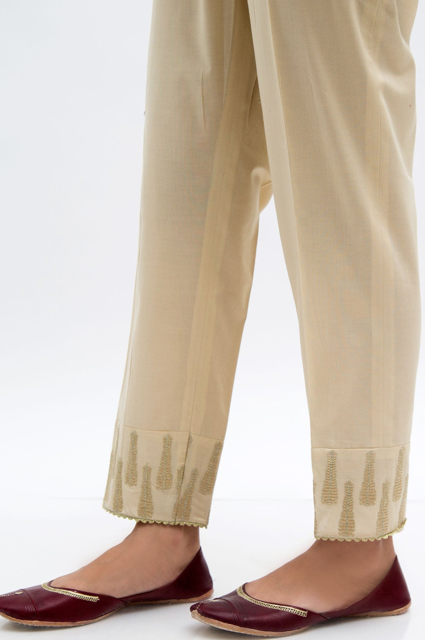 Embroidered Cambric Cigarette Pants  - Beige
