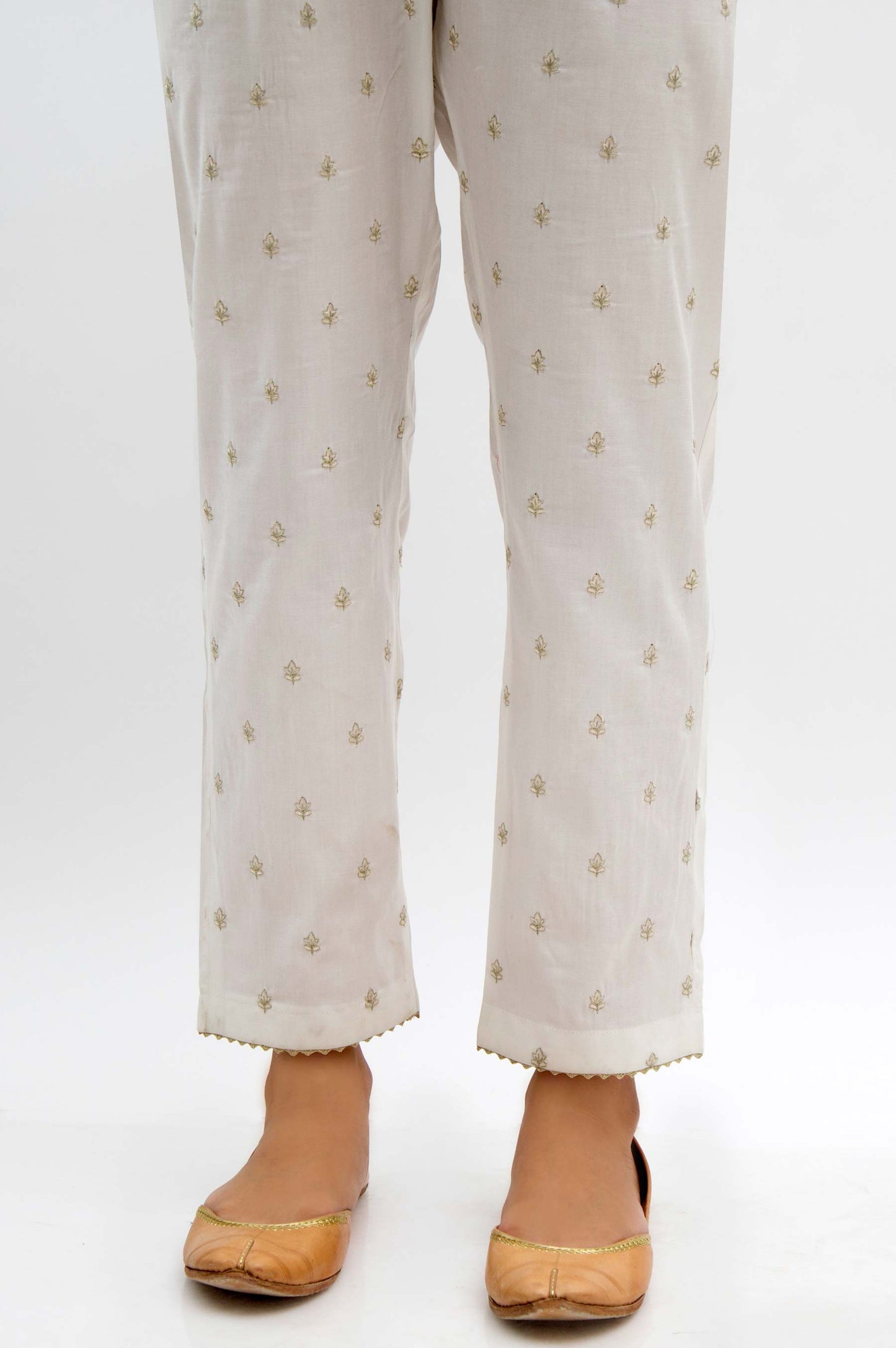 Embroidered Cambric Cigarette Pants  - White