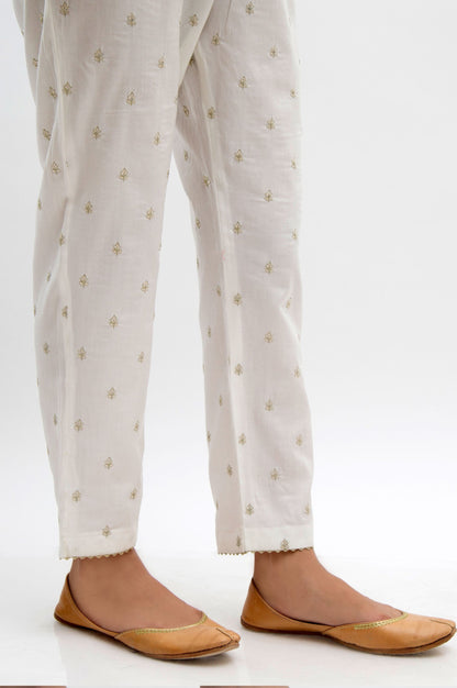 Embroidered Cambric Cigarette Pants  - White