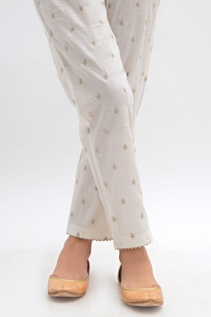 Embroidered Cambric Cigarette Pants  - White