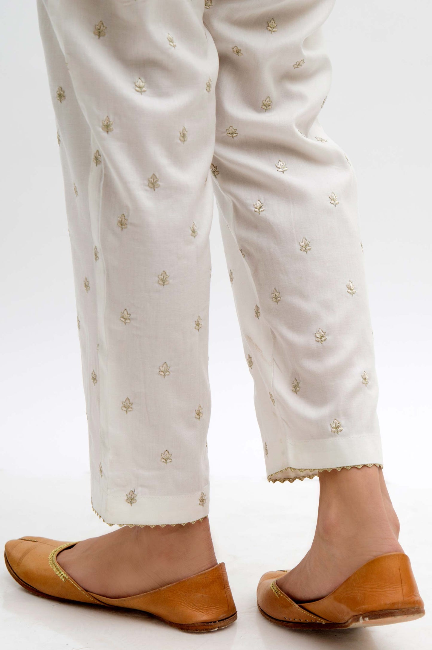 Embroidered Cambric Cigarette Pants  - White