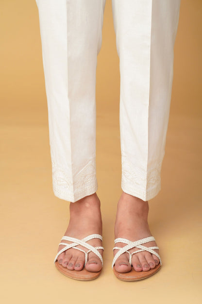 Embroidered Cambric Cigeratte Pants - White