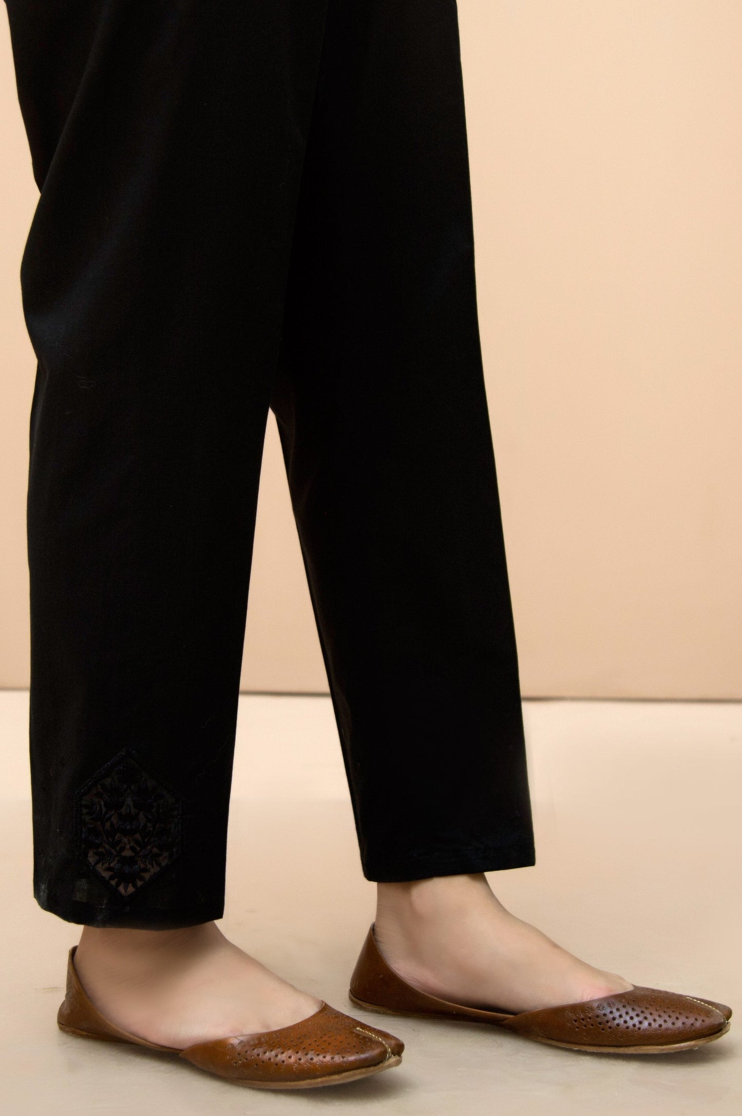 Embroidered Cambric Cigarette Pants  - Black