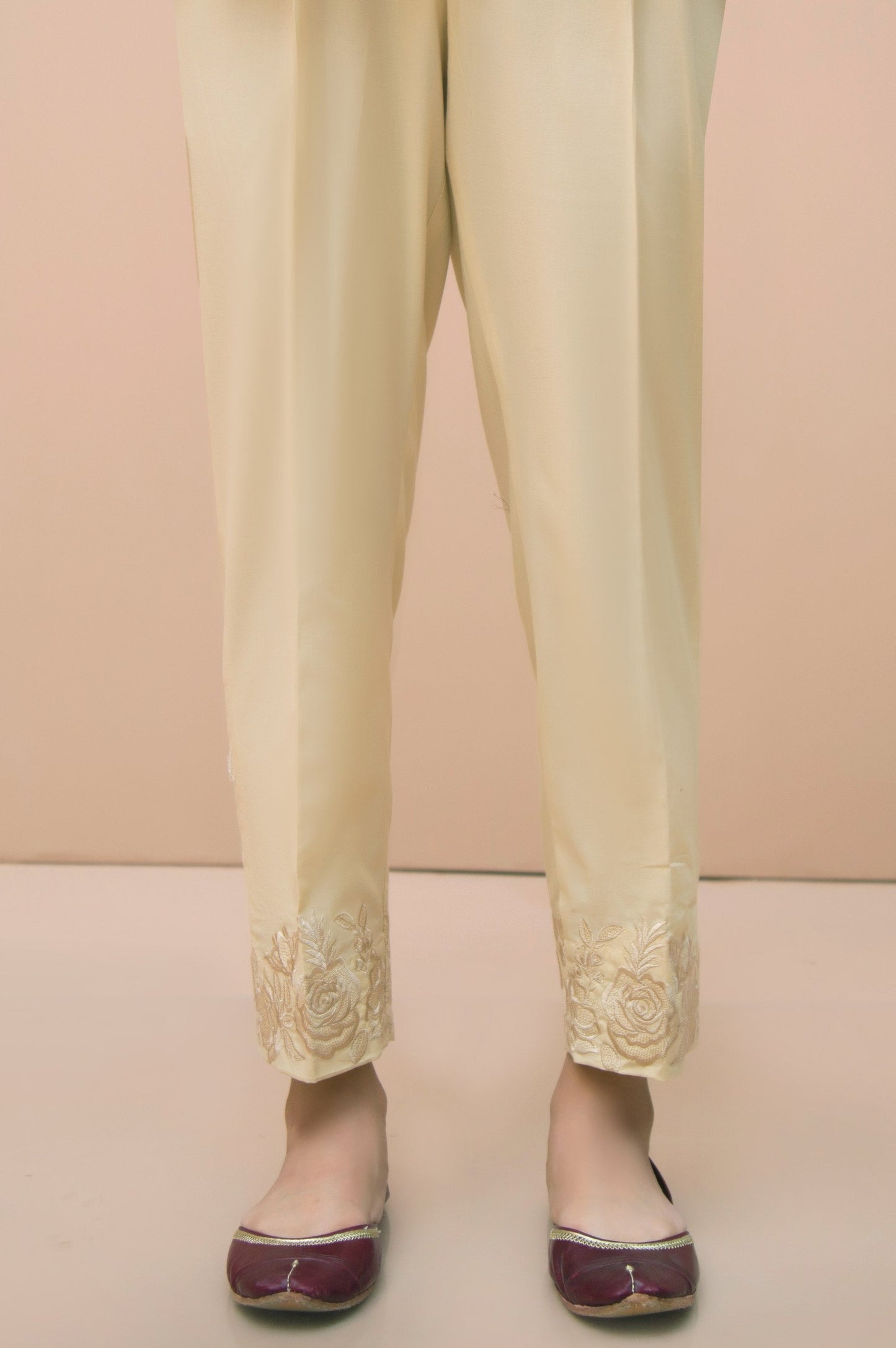 Embroidered Cigarette Pants  - Beige