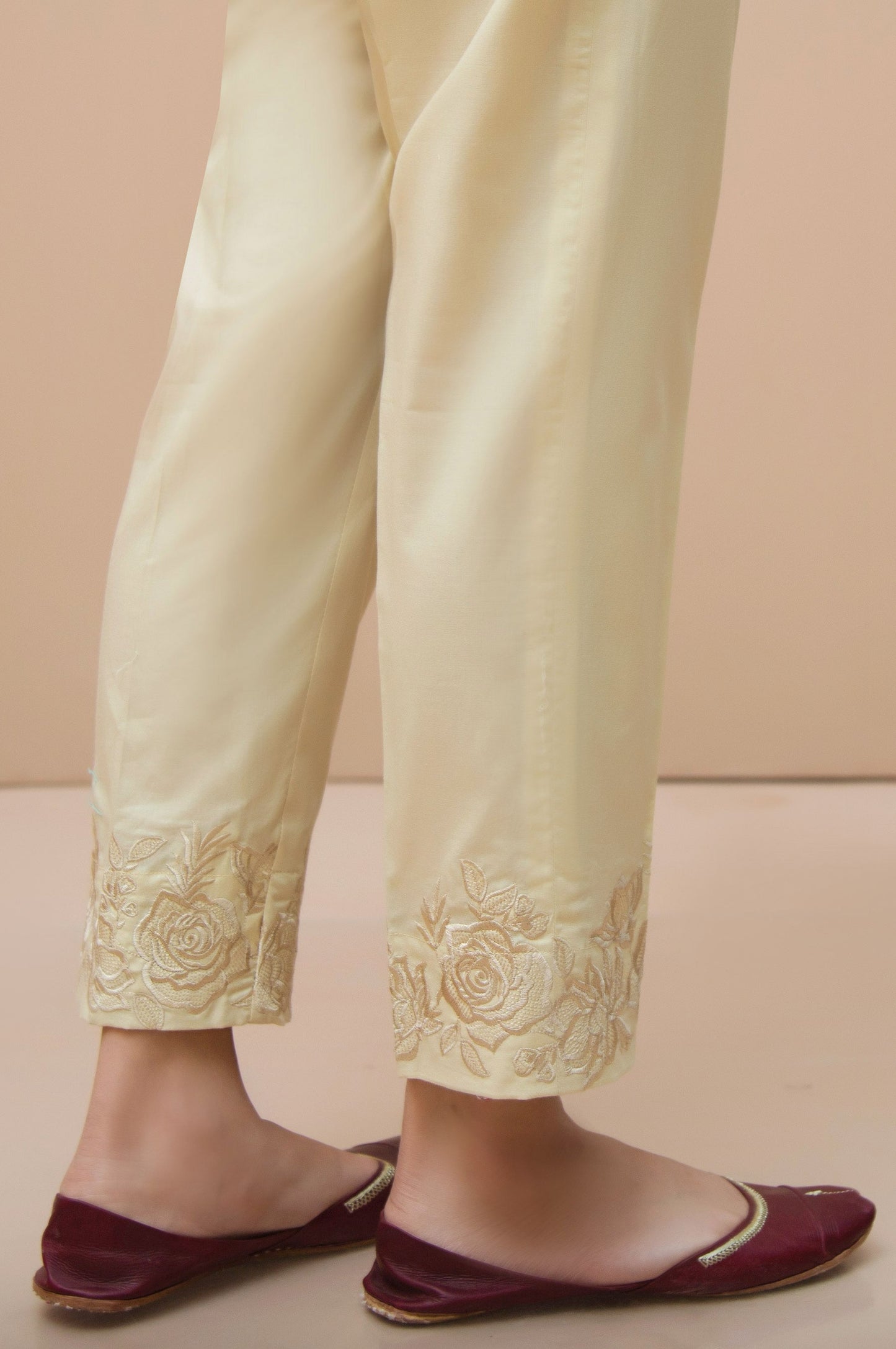 Embroidered Cigarette Pants  - Beige