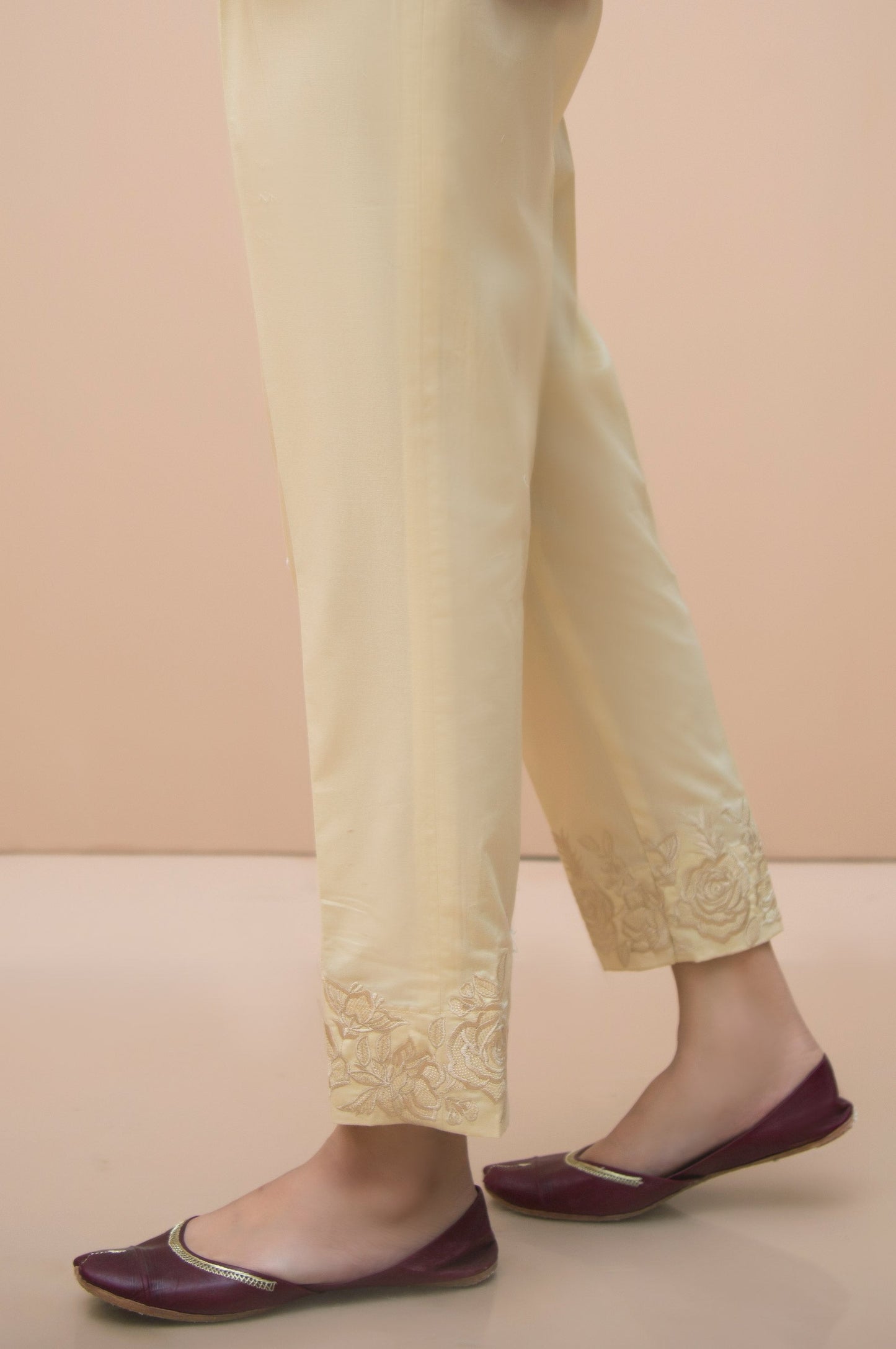 Embroidered Cigarette Pants  - Beige
