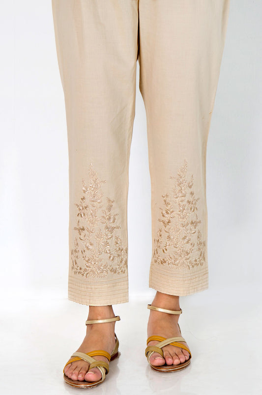 Embroidered Cambric Cigarette Pant - Beige