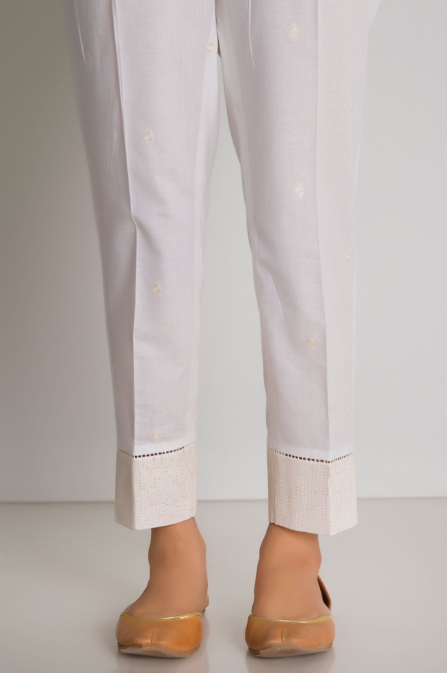 Embroidered Cambric Cigarette Pant - White