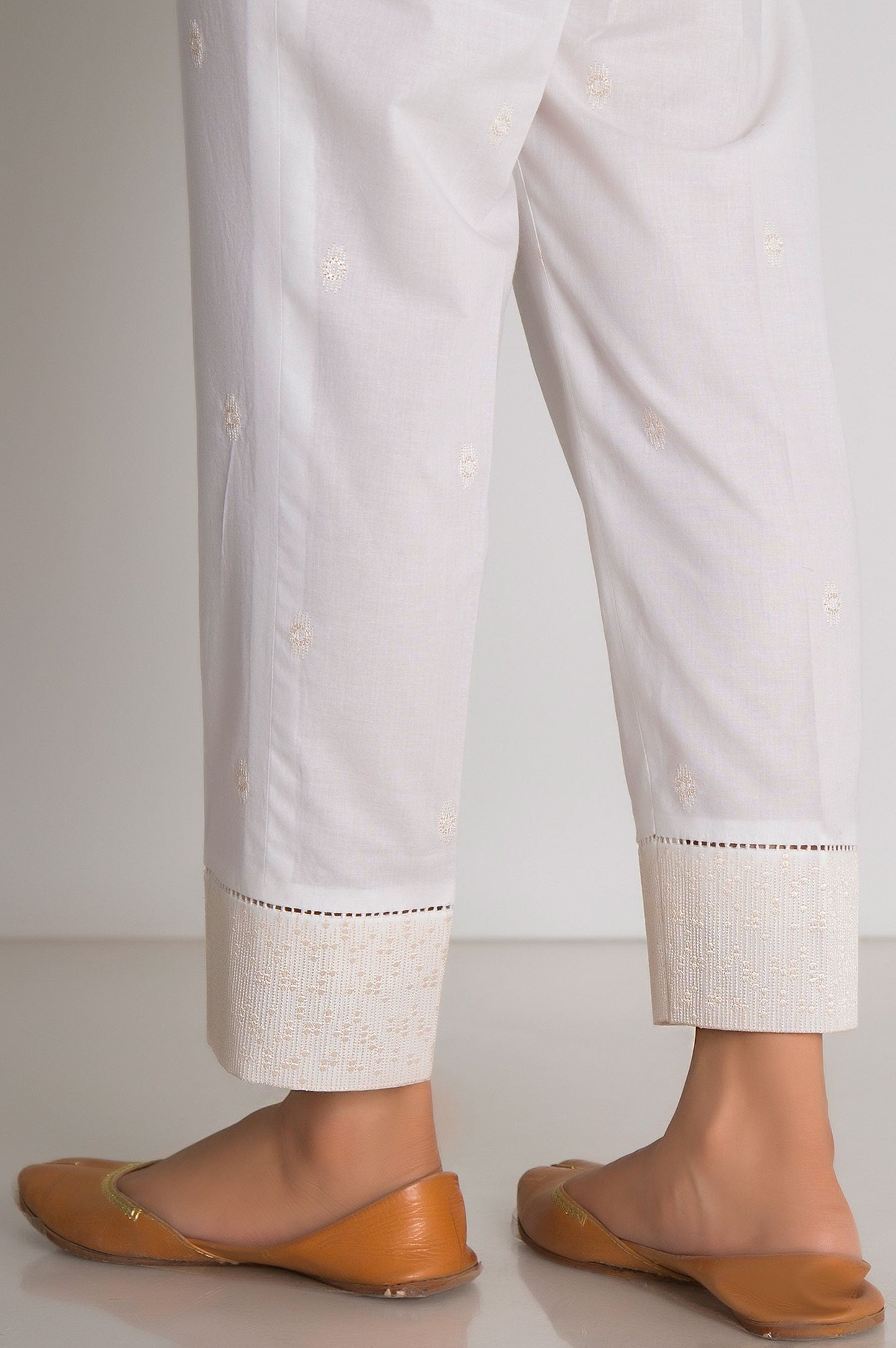 Embroidered Cambric Cigarette Pant - White