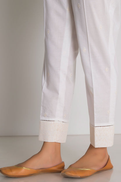 Embroidered Cambric Cigarette Pant - White