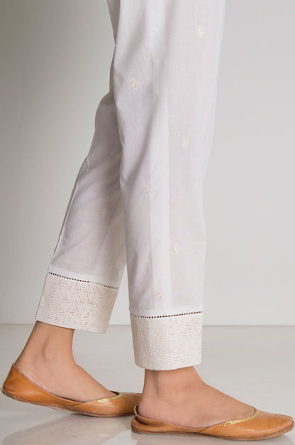 Embroidered Cambric Cigarette Pant - White