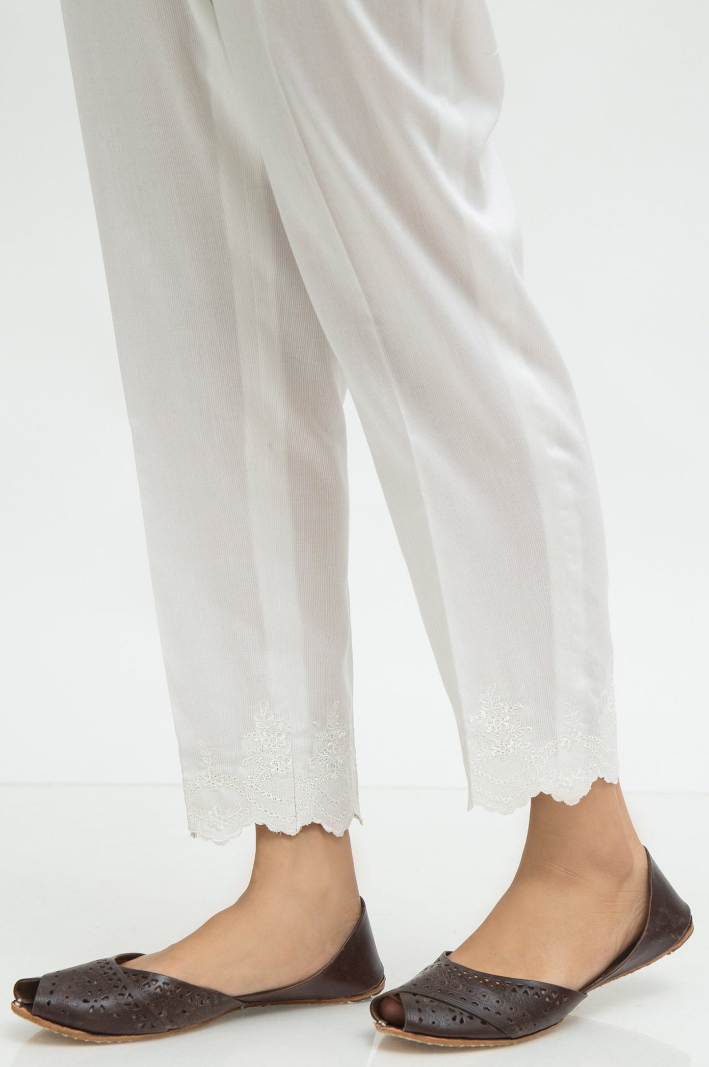 Embroidered Cottel Cigarette Pants  - White