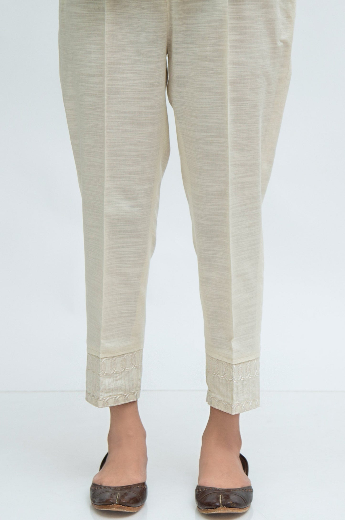 Embroidered khaddar Cigarette Pants  - Off White