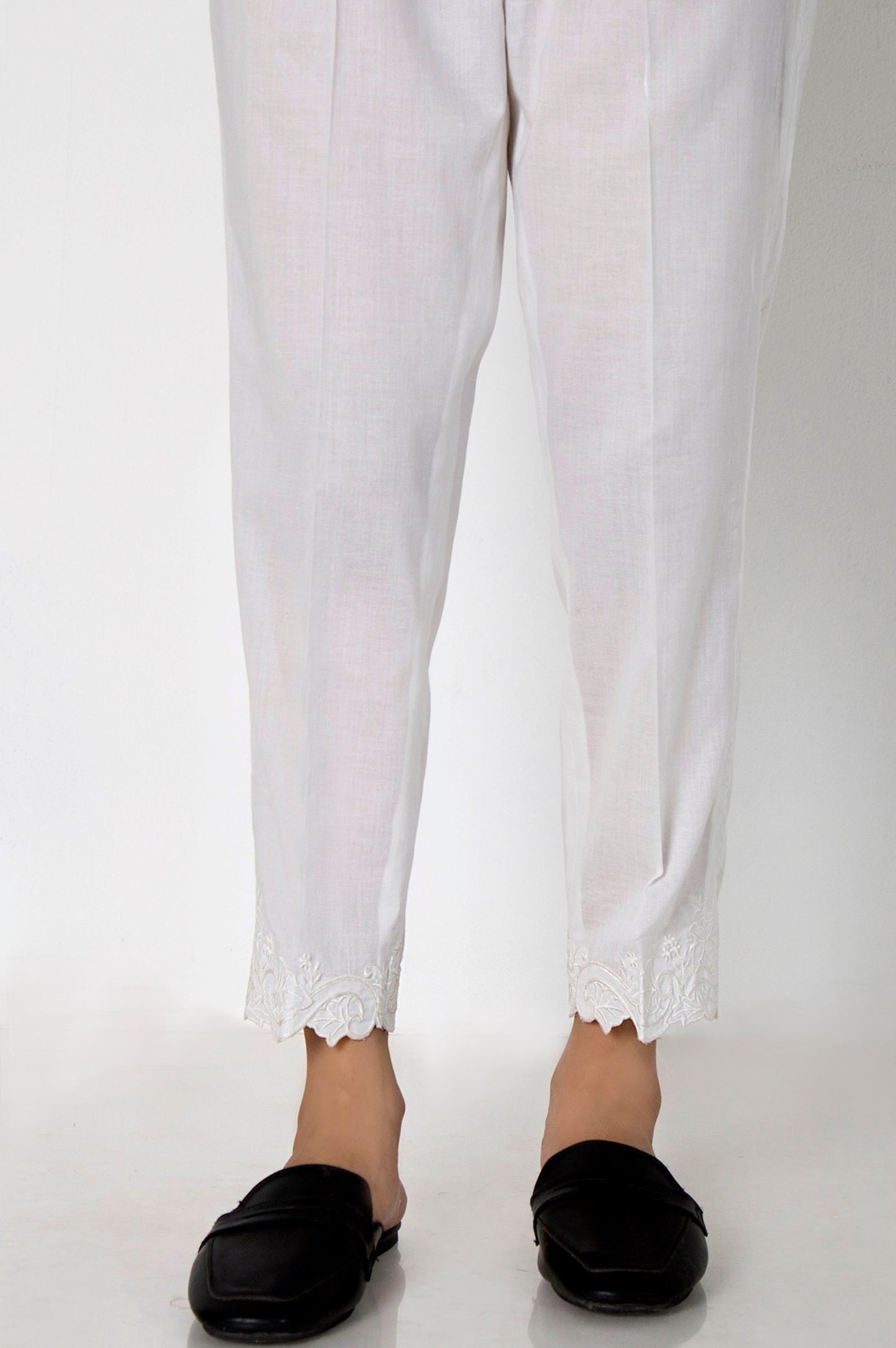 Embroidered Cambric Cigeratte Pants- White