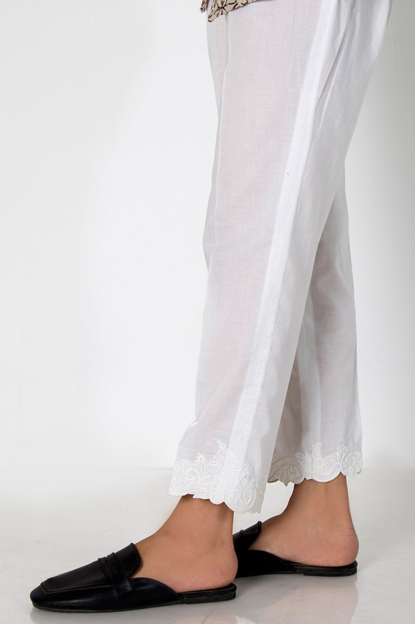 Embroidered Cambric Cigeratte Pants- White