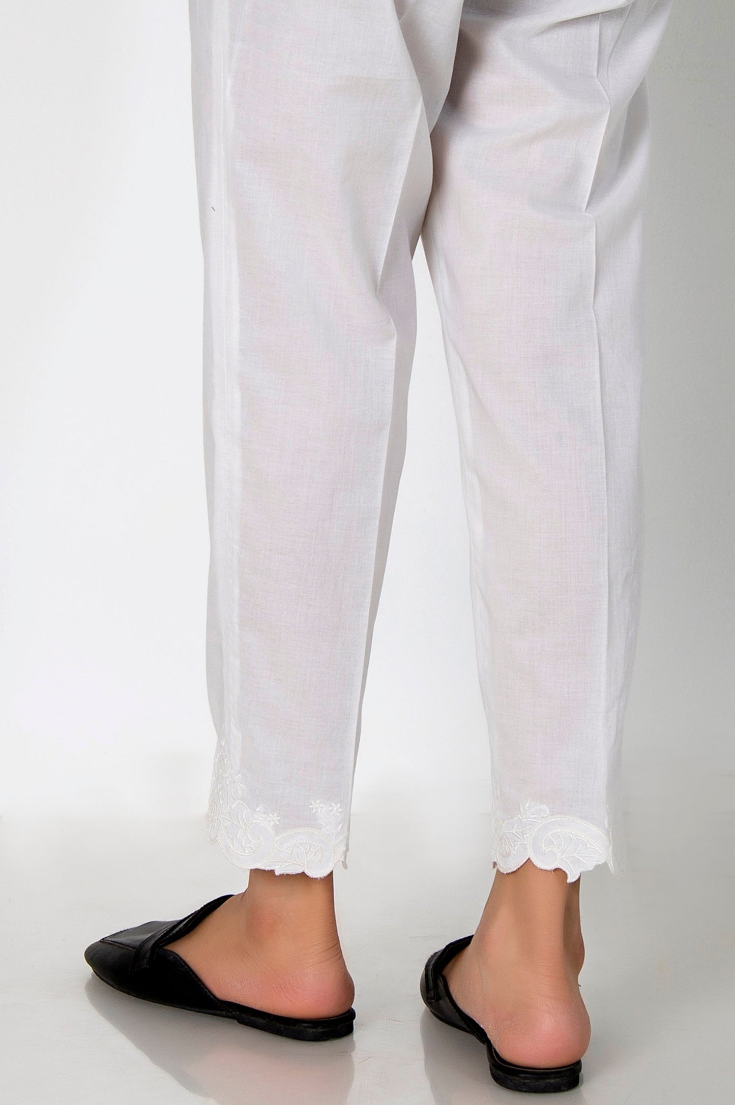 Embroidered Cambric Cigeratte Pants- White