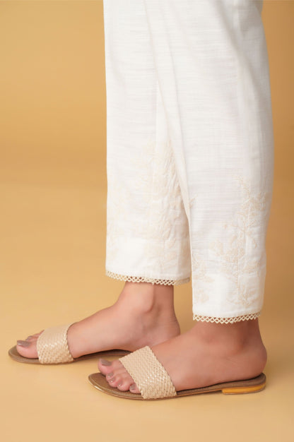 Embroidered Khaddar Cigarette Pants - White
