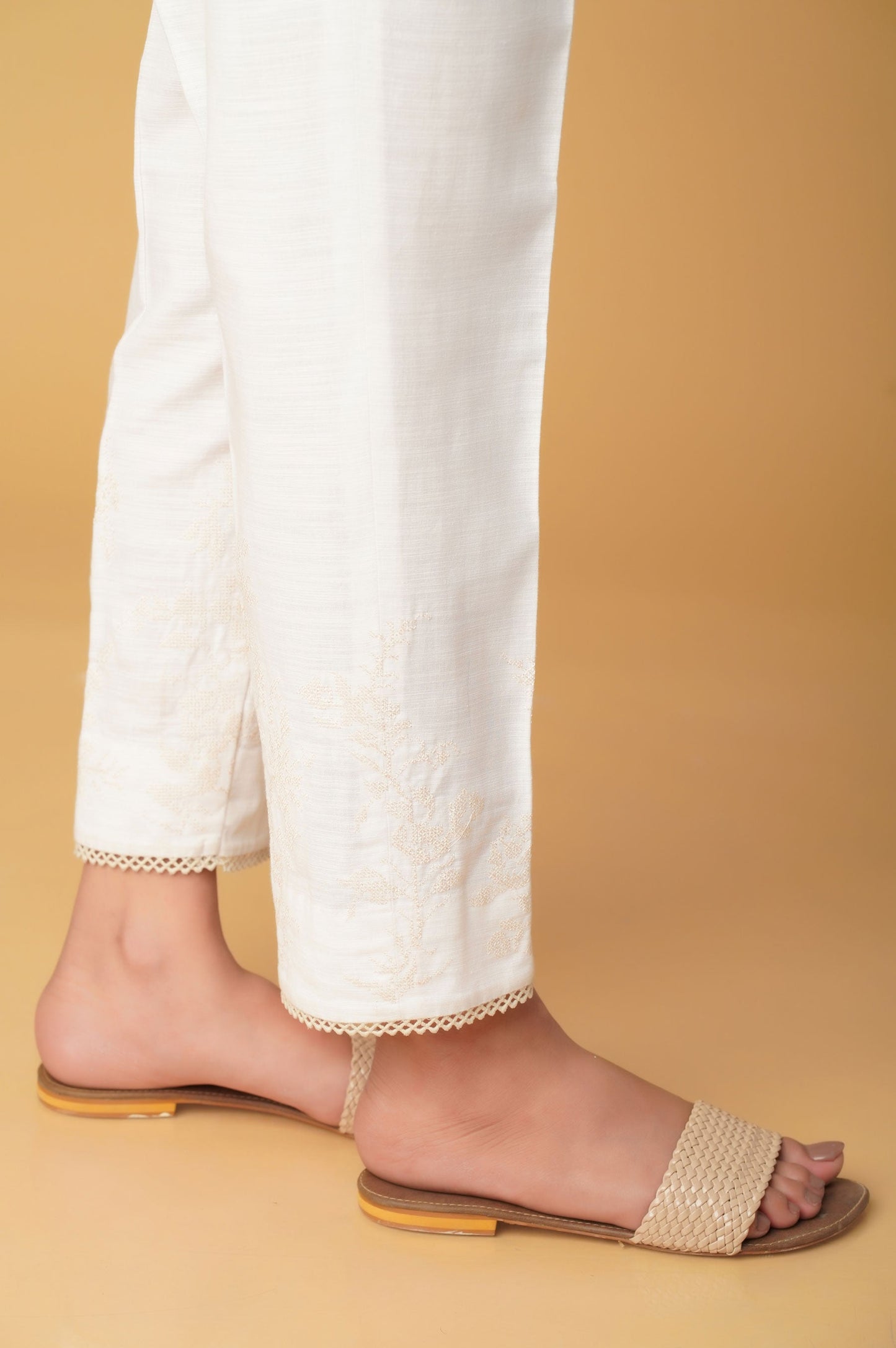 Embroidered Khaddar Cigarette Pants - White