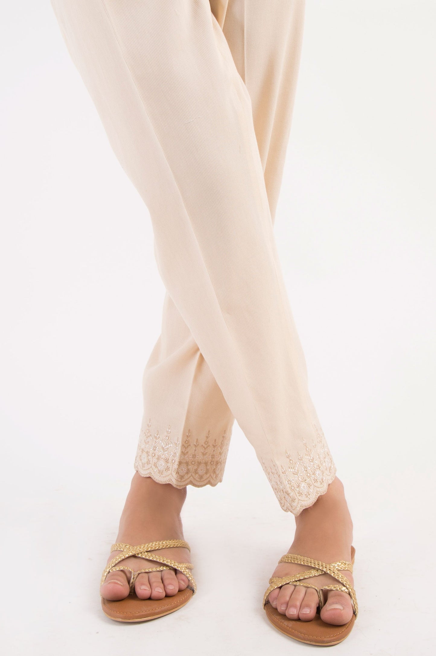 Embroidered Cottel Pants - Beige