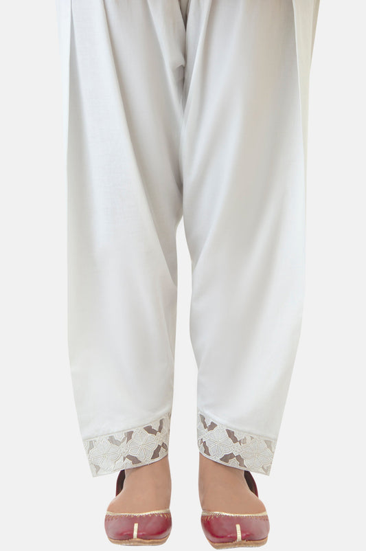 Embroidered Cambric Narrow Shalwar - Porcelain White