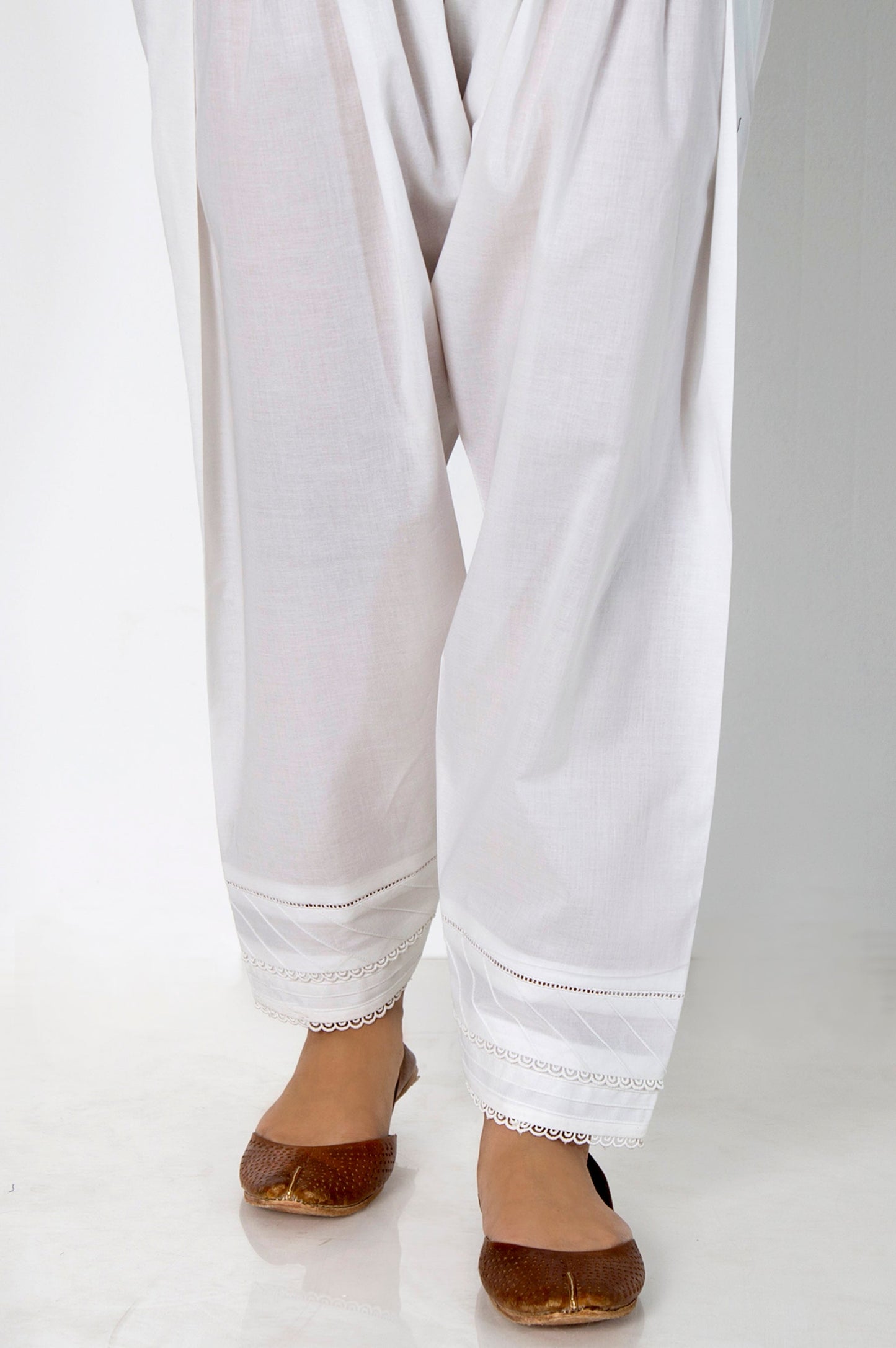 Embellished Cambric Narrow Shalwar - White