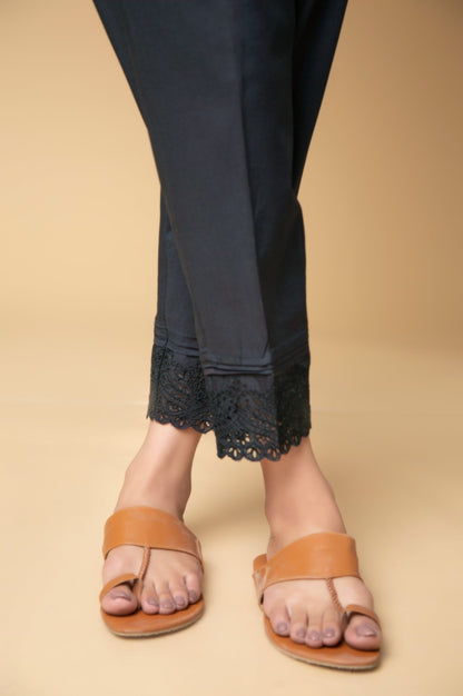 Embroidered Cambric Cigarette Pants - Black