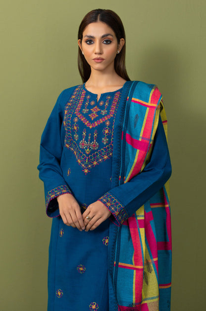 Unstitched 2 Piece Dyed Embroidered Khaddar Shirt with Dupatta