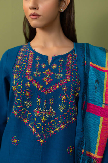 Unstitched 2 Piece Dyed Embroidered Khaddar Shirt with Dupatta