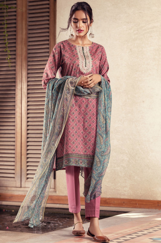 Unstitched 3 Piece Embroidered Lawn Suit with Chiffon Dupatta