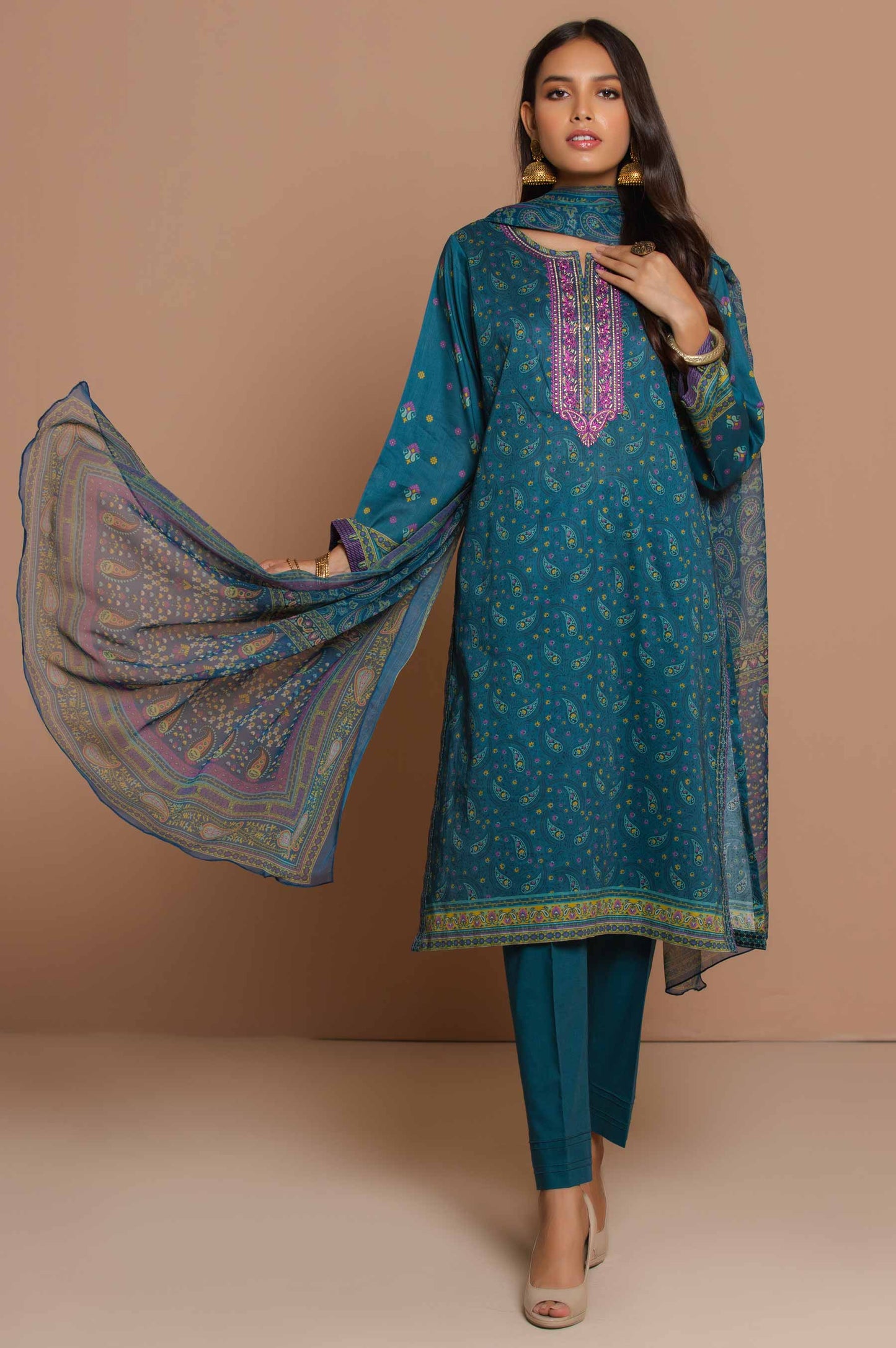 Unstitched 3 Piece Embroidered Lawn Suit with Polyester Chiffon Dupatta