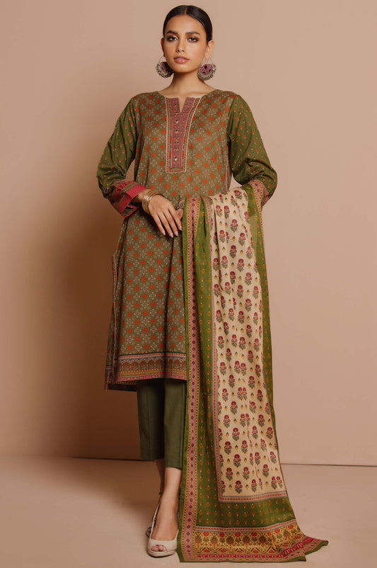 Unstitched 3 Piece Printed Slub Suit