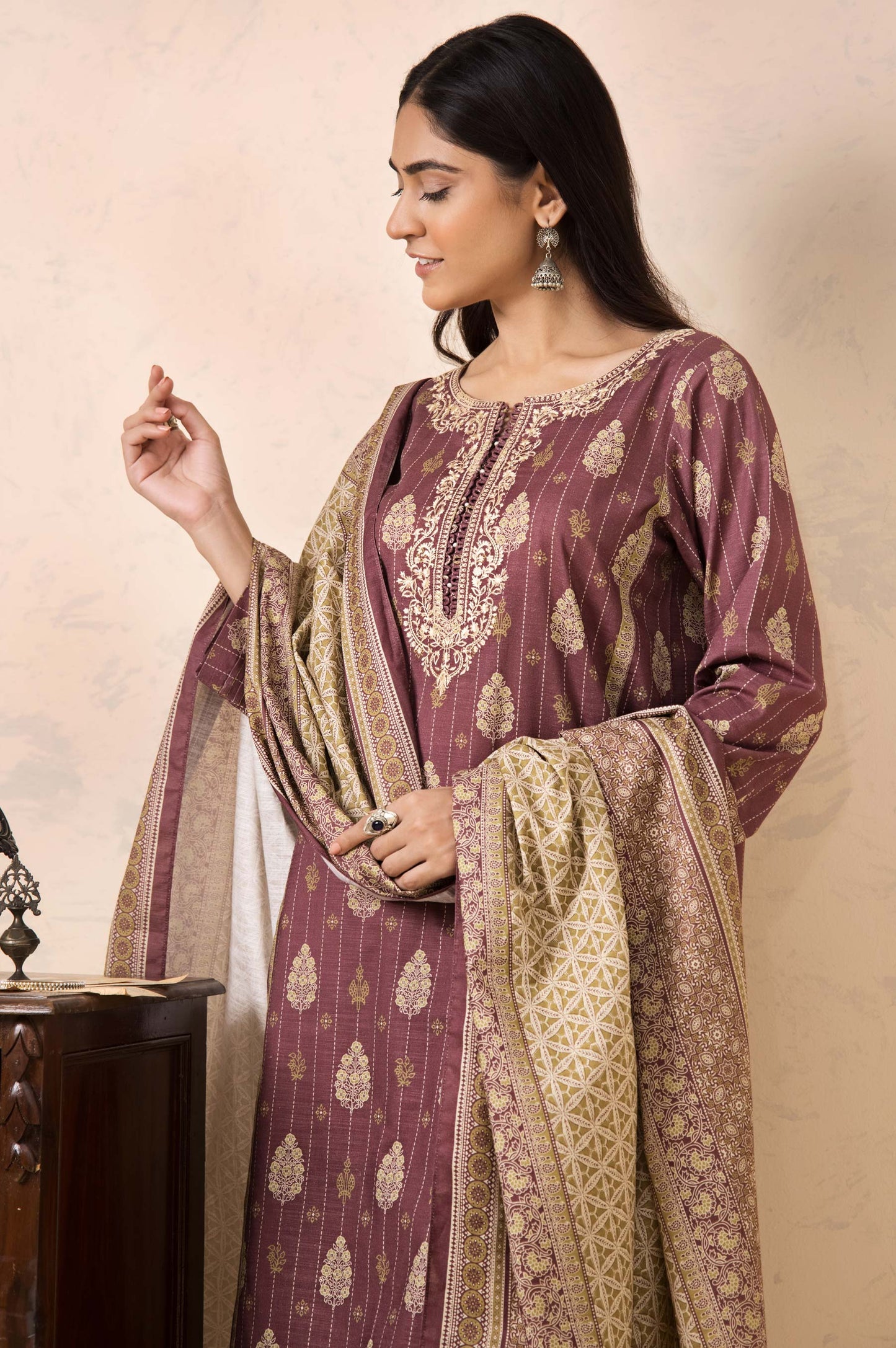 Stitched 3 Piece Embroidered Khaddar Suit
