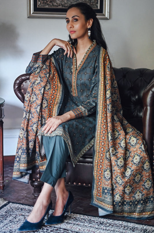 Stitched 3 Piece Printed Cottel Suit