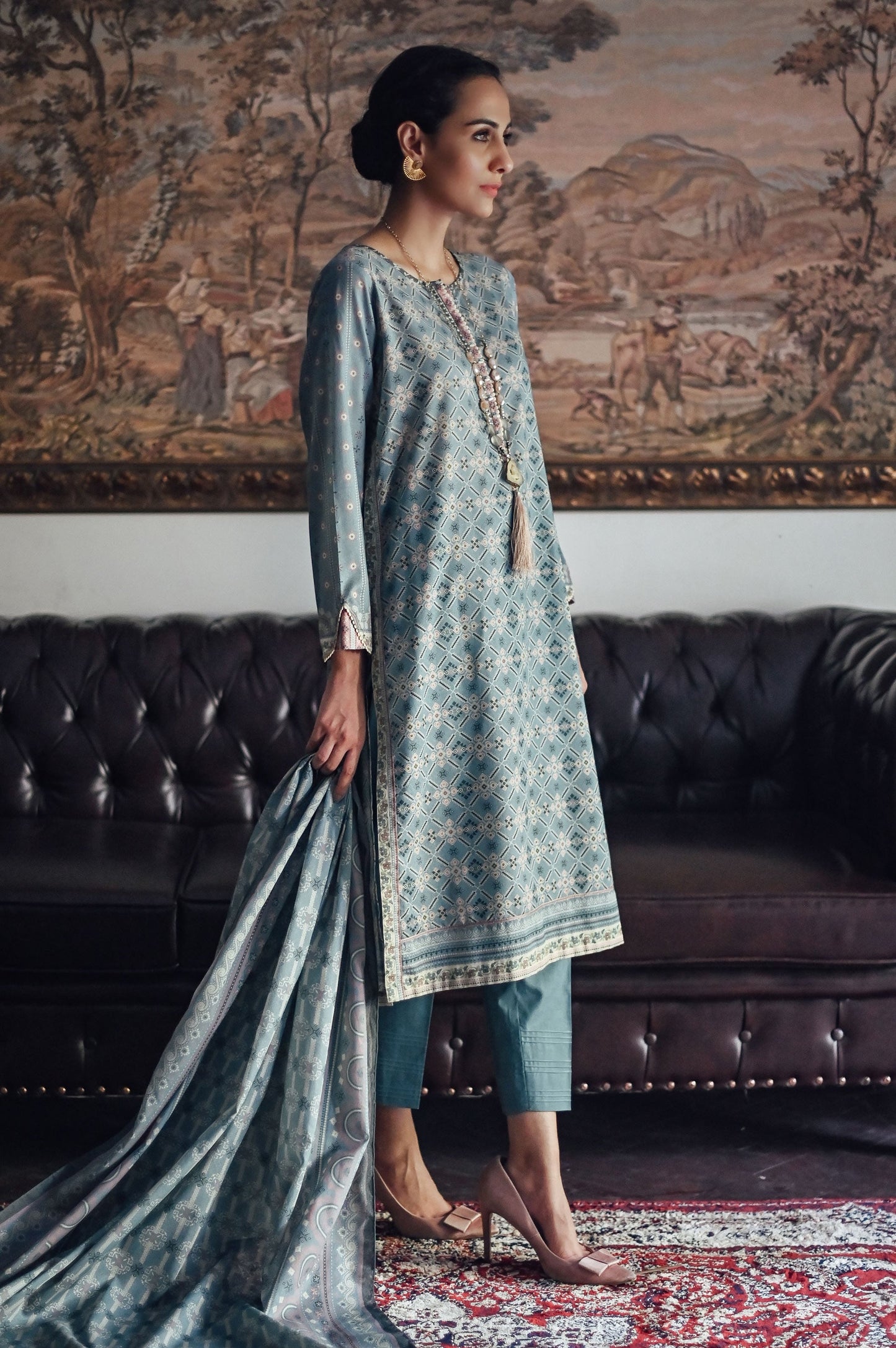 Stitched 3 Piece Printed Karandi Suit