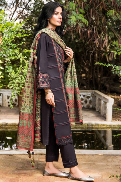 Stitched 3 Piece Embroidered Khaddar Shirt with Jacquard Dupatta