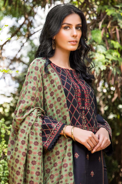 Stitched 3 Piece Embroidered Khaddar Shirt with Jacquard Dupatta
