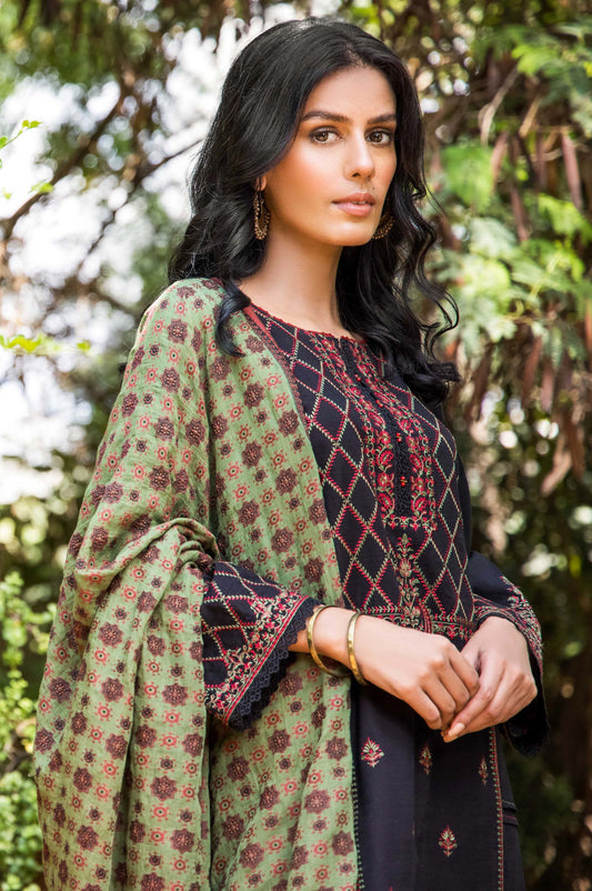 Stitched 3 Piece Embroidered Khaddar Shirt with Jacquard Dupatta