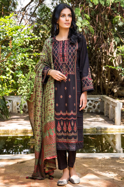 Stitched 3 Piece Embroidered Khaddar Shirt with Jacquard Dupatta