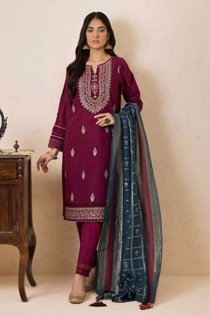 Stitched 3 Piece Embroidered Khaddar Shirt with Jacquard Dupatta