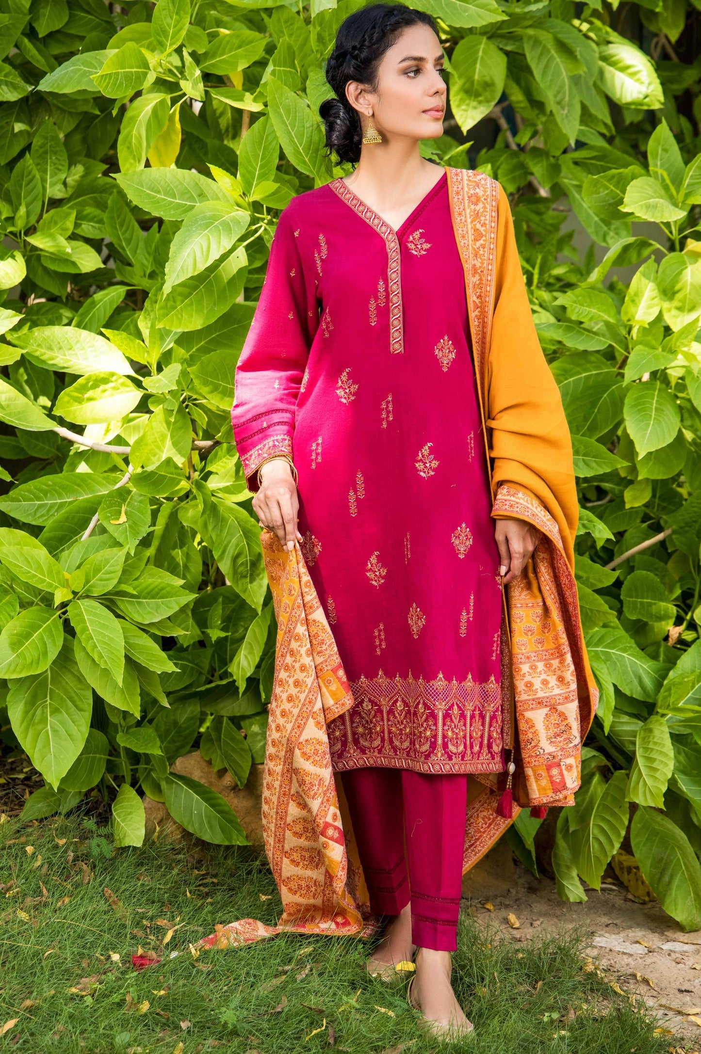 Stitched 3 Piece Embroidered Khaddar with Jacquard Shawl Suit