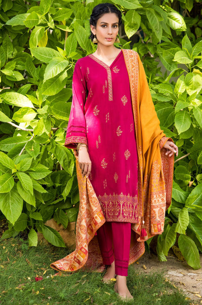 Stitched 3 Piece Embroidered Khaddar with Jacquard Shawl Suit