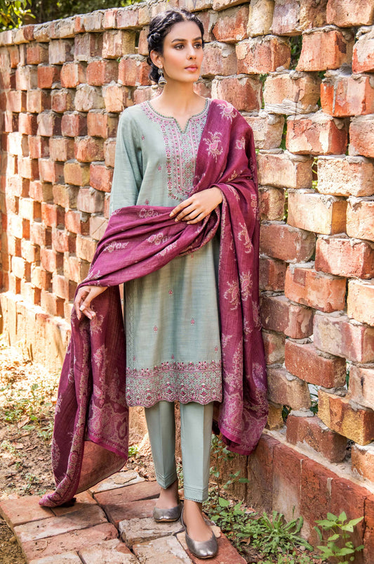 Unstitched 3 Piece Embroidered Khaddar with Yarn Dyed Jacquard Shawl Suit