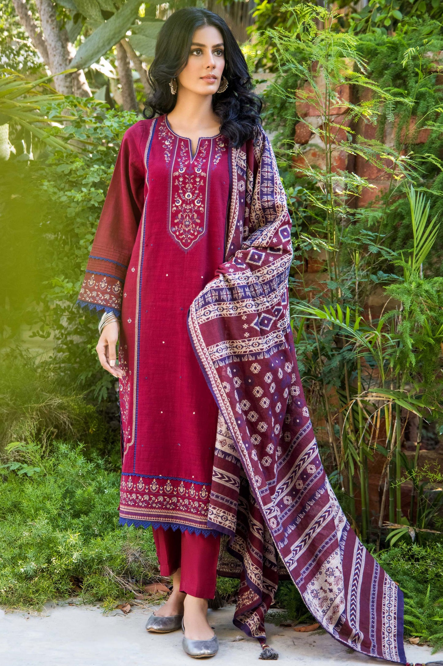 Unstitched 3 Piece Embroidered Khaddar with Cotton Jacquard Suit