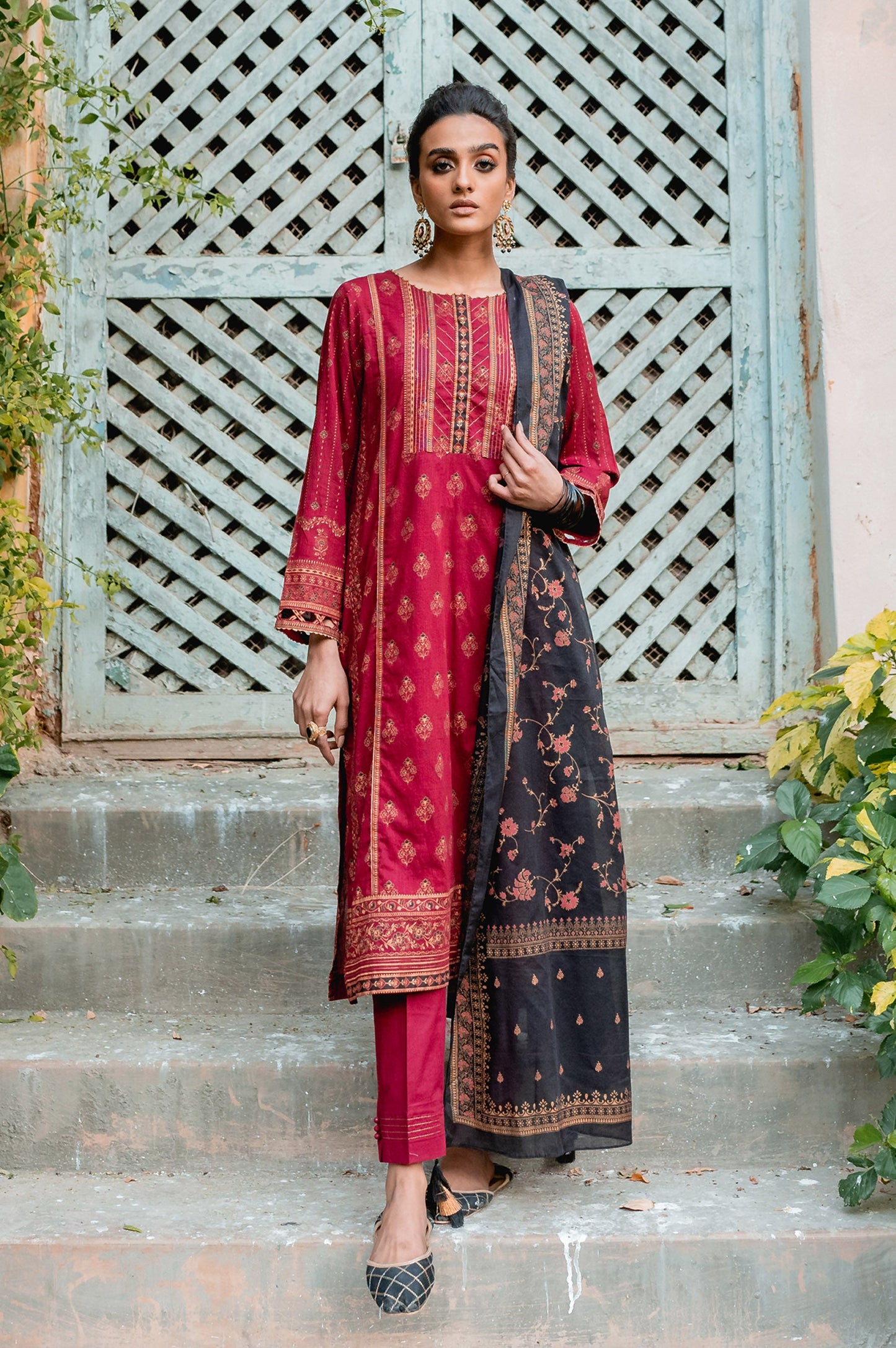 Stitched 3 Piece Gold & Colored Paste Lawn Suit