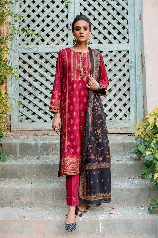 Stitched 3 Piece Gold & Colored Paste Lawn Suit