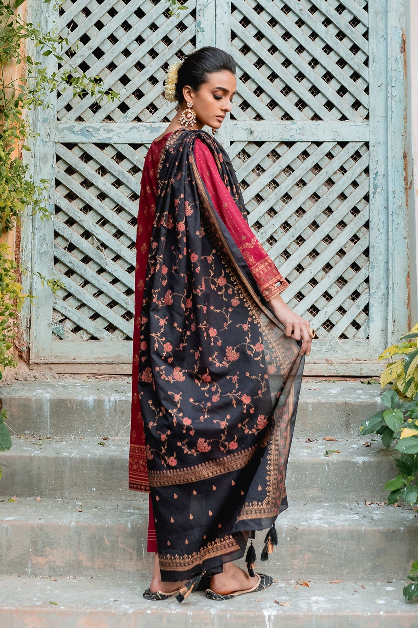 Stitched 3 Piece Gold & Colored Paste Lawn Suit